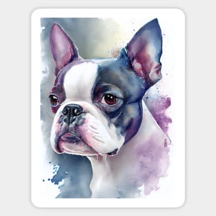 Adorable Boston Terrier Dog Watercolor with Blue and Purple Accents Sticker